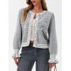 imageSaodimallsu Womens Cropped Cardigan Striped Puff Ruffle Sleeve Cute Graphic Button Bow Knitted Sweater OuterwearGray