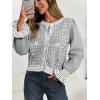 imageSaodimallsu Womens Cropped Cardigan Striped Puff Ruffle Sleeve Cute Graphic Button Bow Knitted Sweater OuterwearGray