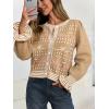 imageSaodimallsu Womens Cropped Cardigan Striped Puff Ruffle Sleeve Cute Graphic Button Bow Knitted Sweater OuterwearKhaki