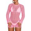 imageSaodimallsu Womens Crochet Swimsuit Cover Up Long Sleeve Crewneck Backless Hot Shot Romper Hollow Out Bodycon Short JumpsuitPink