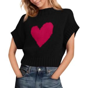 imageSaodimallsu Womens Cap Sleeve Cropped Sweater Mock Neck Cute Heart Loose Valentine Knit Tank TopsBlack