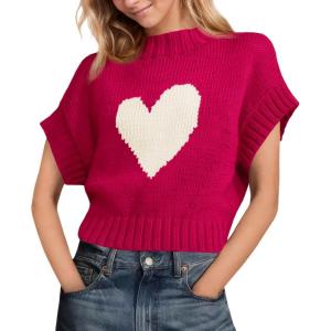 imageSaodimallsu Womens Cap Sleeve Cropped Sweater Mock Neck Cute Heart Loose Valentine Knit Tank TopsRed