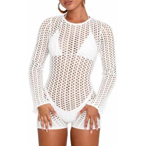 imageSaodimallsu Womens Crochet Swimsuit Cover Up Long Sleeve Crewneck Backless Hot Shot Romper Hollow Out Bodycon Short JumpsuitWhite