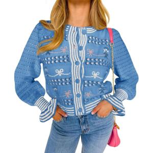 imageSaodimallsu Womens Cropped Cardigan Striped Puff Ruffle Sleeve Cute Graphic Button Bow Knitted Sweater OuterwearBlue