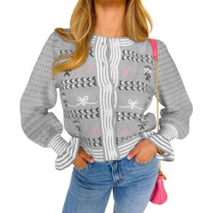 imageSaodimallsu Womens Cropped Cardigan Striped Puff Ruffle Sleeve Cute Graphic Button Bow Knitted Sweater OuterwearGray