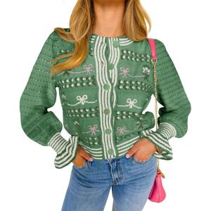 imageSaodimallsu Womens Cropped Cardigan Striped Puff Ruffle Sleeve Cute Graphic Button Bow Knitted Sweater OuterwearGreen