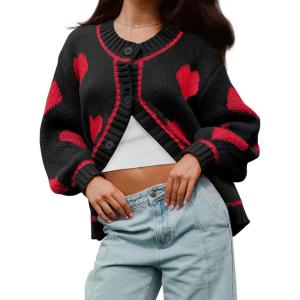 imageSaodimallsu Womens Cute Heart Cardigan Sweaters Valentines Day Chunky Knit Button Crewneck Long Sleeve Sweater CoatBlack