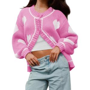 imageSaodimallsu Womens Cute Heart Cardigan Sweaters Valentines Day Chunky Knit Button Crewneck Long Sleeve Sweater CoatBright Pink