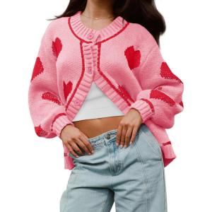 imageSaodimallsu Womens Cute Heart Cardigan Sweaters Valentines Day Chunky Knit Button Crewneck Long Sleeve Sweater CoatPink