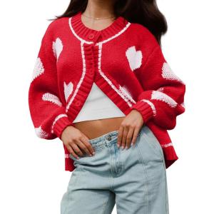 imageSaodimallsu Womens Cute Heart Cardigan Sweaters Valentines Day Chunky Knit Button Crewneck Long Sleeve Sweater CoatRed