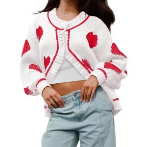 imageSaodimallsu Womens Cute Heart Cardigan Sweaters Valentines Day Chunky Knit Button Crewneck Long Sleeve Sweater CoatWhite