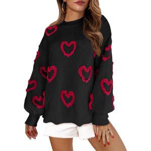 imageSaodimallsu Womens Heart Sweater Valentines Oversized Cute Winter Chunky Knit Crew Neck Side Slit Pullover SweatersBlack