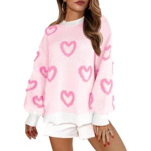 imageSaodimallsu Womens Heart Sweater Valentines Oversized Cute Winter Chunky Knit Crew Neck Side Slit Pullover SweatersPink