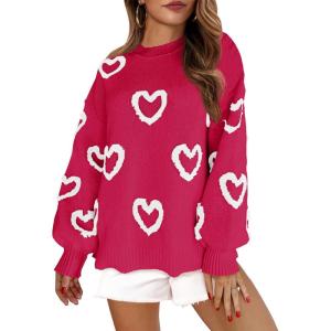 imageSaodimallsu Womens Heart Sweater Valentines Oversized Cute Winter Chunky Knit Crew Neck Side Slit Pullover SweatersRed