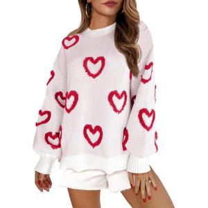 imageSaodimallsu Womens Heart Sweater Valentines Oversized Cute Winter Chunky Knit Crew Neck Side Slit Pullover SweatersWhite