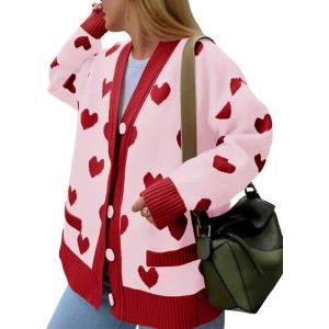 imageSaodimallsu Womens Oversized Heart Cardigan Color Block V Neck Button Long Sleeve Chunky Valentines SweatersPink