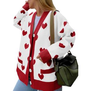 imageSaodimallsu Womens Oversized Heart Cardigan Color Block V Neck Button Long Sleeve Chunky Valentines SweatersWhite