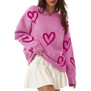 imageSaodimallsu Womens Oversized Heart Sweater Crew Neck Long Sleeve Knit Cute Valentines Pullover SweatersPink Red