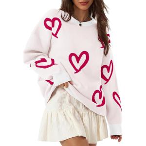 imageSaodimallsu Womens Oversized Heart Sweater Crew Neck Long Sleeve Knit Cute Valentines Pullover SweatersWhite Red