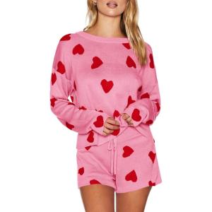 imageSaodimallsu Womens Valentines Day Pajama Set Hearts Print Lounge Sets Long Sleeve Sweater and Shorts 2 Piece OutfitsPink