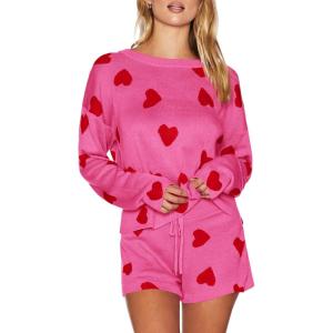 imageSaodimallsu Womens Valentines Day Pajama Set Hearts Print Lounge Sets Long Sleeve Sweater and Shorts 2 Piece OutfitsRose Red