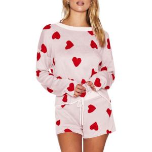 imageSaodimallsu Womens Valentines Day Pajama Set Hearts Print Lounge Sets Long Sleeve Sweater and Shorts 2 Piece OutfitsWhite