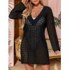 imageSaodimallsu Women Crochet Cover Up Long Sleeve Deep V Neck Hollow Out Sweater Oversized Beach Mini Dress Bathing Suit CoverupBlack