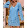 imageSaodimallsu Women Crochet Cover Up Long Sleeve Deep V Neck Hollow Out Sweater Oversized Beach Mini Dress Bathing Suit CoverupBlue