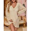 imageSaodimallsu Women Crochet Cover Up Long Sleeve Deep V Neck Hollow Out Sweater Oversized Beach Mini Dress Bathing Suit CoverupKhaki