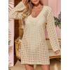 imageSaodimallsu Women Crochet Cover Up Long Sleeve Deep V Neck Hollow Out Sweater Oversized Beach Mini Dress Bathing Suit CoverupKhaki