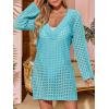 imageSaodimallsu Women Crochet Cover Up Long Sleeve Deep V Neck Hollow Out Sweater Oversized Beach Mini Dress Bathing Suit CoverupLake Blue