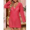 imageSaodimallsu Women Crochet Cover Up Long Sleeve Deep V Neck Hollow Out Sweater Oversized Beach Mini Dress Bathing Suit CoverupRose Red