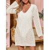 imageSaodimallsu Women Crochet Cover Up Long Sleeve Deep V Neck Hollow Out Sweater Oversized Beach Mini Dress Bathing Suit CoverupWhite