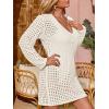 imageSaodimallsu Women Crochet Cover Up Long Sleeve Deep V Neck Hollow Out Sweater Oversized Beach Mini Dress Bathing Suit CoverupWhite