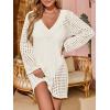 imageSaodimallsu Women Crochet Cover Up Long Sleeve Deep V Neck Hollow Out Sweater Oversized Beach Mini Dress Bathing Suit CoverupWhite