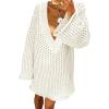 imageSaodimallsu Women Crochet Cover Up Long Sleeve Deep V Neck Hollow Out Sweater Oversized Beach Mini Dress Bathing Suit CoverupWhite