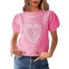 imageSaodimallsu Womens Valentines Sweater Top Heart Puff Short Sleeve Cute Crew Neck Crochet Going Out Loose ShirtsPink