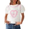 imageSaodimallsu Womens Valentines Sweater Top Heart Puff Short Sleeve Cute Crew Neck Crochet Going Out Loose ShirtsWhite