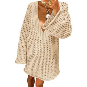 imageSaodimallsu Women Crochet Cover Up Long Sleeve Deep V Neck Hollow Out Sweater Oversized Beach Mini Dress Bathing Suit CoverupKhaki