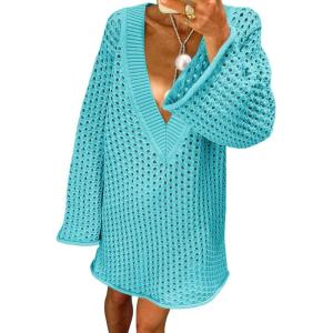 imageSaodimallsu Women Crochet Cover Up Long Sleeve Deep V Neck Hollow Out Sweater Oversized Beach Mini Dress Bathing Suit CoverupLake Blue