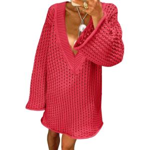 imageSaodimallsu Women Crochet Cover Up Long Sleeve Deep V Neck Hollow Out Sweater Oversized Beach Mini Dress Bathing Suit CoverupRose Red