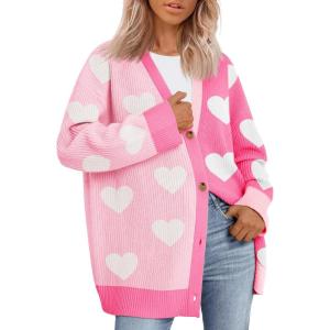 imageSaodimallsu Womens Heart Cardigan Sweaters Valentines Oversized Winter Color Block Button Up Cute Ribbed Sweater CoatsPink