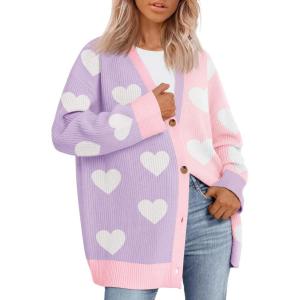 imageSaodimallsu Womens Heart Cardigan Sweaters Valentines Oversized Winter Color Block Button Up Cute Ribbed Sweater CoatsPurple