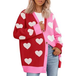 imageSaodimallsu Womens Heart Cardigan Sweaters Valentines Oversized Winter Color Block Button Up Cute Ribbed Sweater CoatsRed