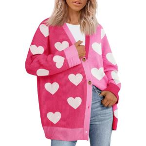 imageSaodimallsu Womens Heart Cardigan Sweaters Valentines Oversized Winter Color Block Button Up Cute Ribbed Sweater CoatsRose Red