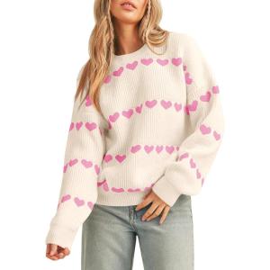 imageSaodimallsu Womens Heart Sweater Valentine Crew Neck Cute Ribbed Knit Loose Casual Pullover Sweaters TopsBeige