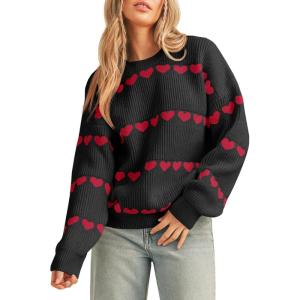 imageSaodimallsu Womens Heart Sweater Valentine Crew Neck Cute Ribbed Knit Loose Casual Pullover Sweaters TopsBlack