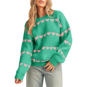 imageSaodimallsu Womens Heart Sweater Valentine Crew Neck Cute Ribbed Knit Loose Casual Pullover Sweaters TopsGreen