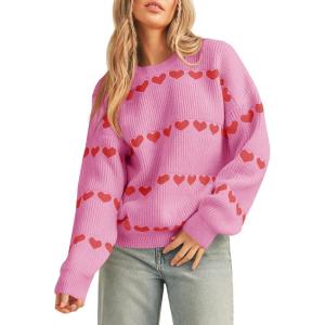 imageSaodimallsu Womens Heart Sweater Valentine Crew Neck Cute Ribbed Knit Loose Casual Pullover Sweaters TopsPink