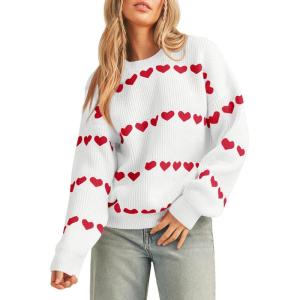 imageSaodimallsu Womens Heart Sweater Valentine Crew Neck Cute Ribbed Knit Loose Casual Pullover Sweaters TopsWhite